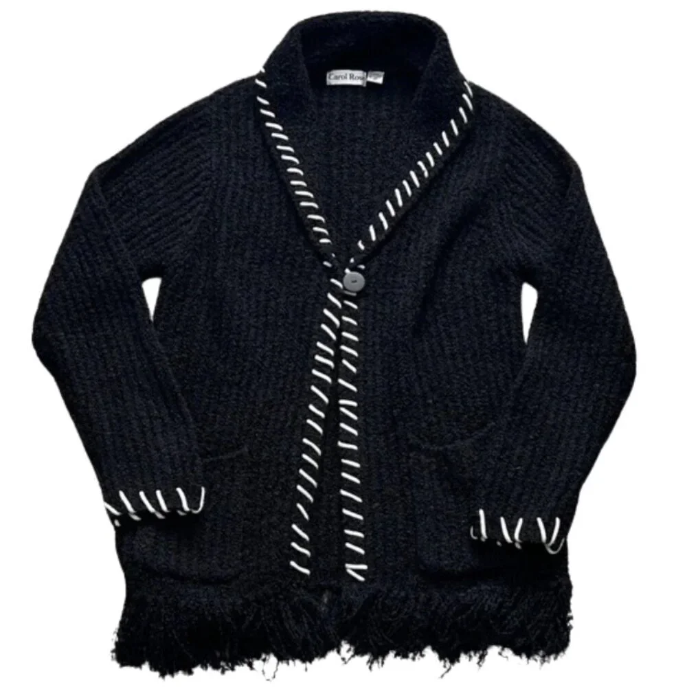 Carol Rose Women’s Black Cardigan with White Stitching and Black Fringe - Size M